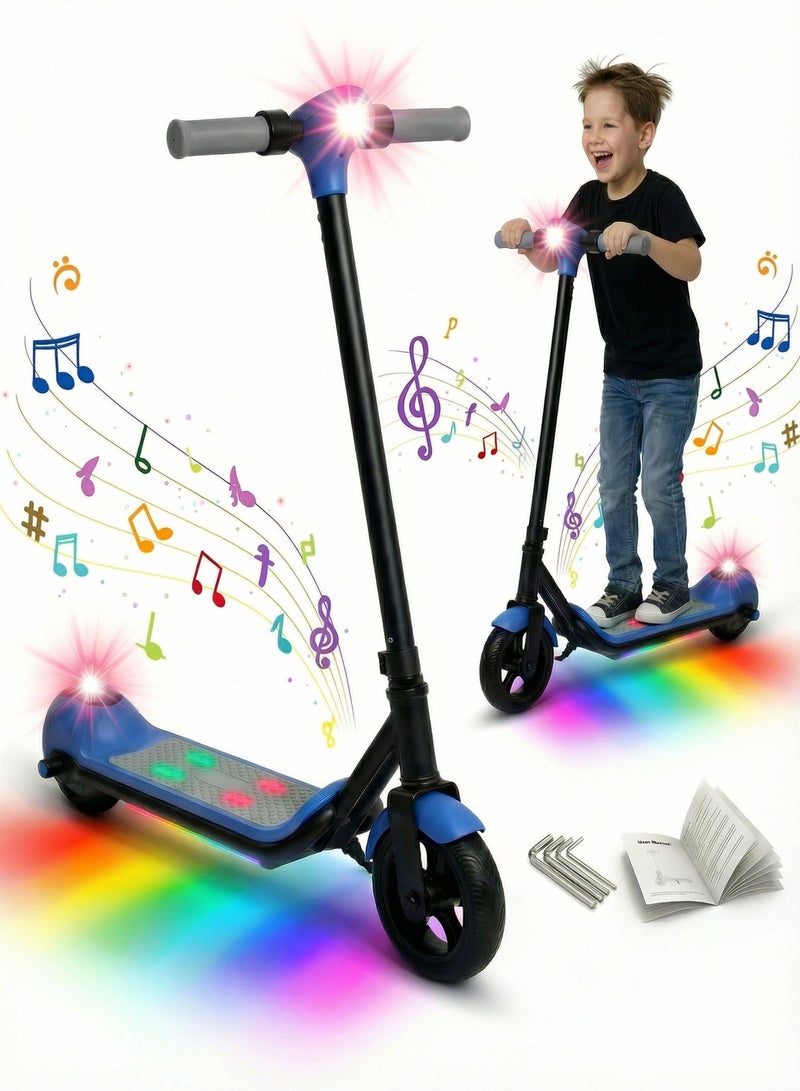 MAGIC VAULT Kids Electric Scooter with Bluetooth Speaker & LED Lights – Foldable E-Scooter for Boys Girls Ages 6-14, 14 km/h Speed, 24V Rechargeable Battery, LED Display, Electronic Brake, Adjustable Height, 6.5 Inch Wheels, RGB Colorful Deck Lights, Gift for Children – Blue - Image 1